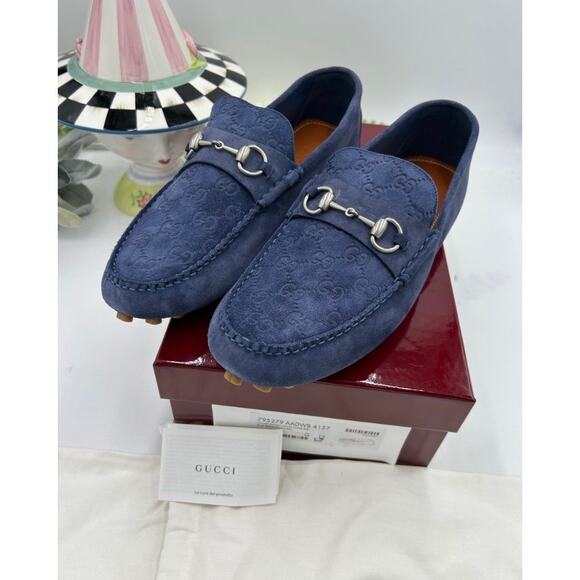 Men\'s Gucci blue suede GG embossed driver loafers size 12 fits 12.5 US